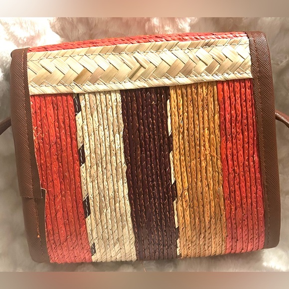 Brown Tan Orange Gold Handmade Boho Straw Crossbody Purse Bag - Picture 8 of 8